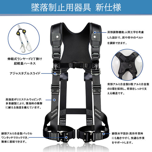 フルハーネス安全帯 二丁掛け 新規格 墜落制止用器具 新仕様 セット ハーネス安全帯 安全ベルト ランヤード 伸縮式 ダブルランヤード ショックアブソーバー ワイヤーハーネス安全帯 墜落防止 フルハーネス 落下防止 全身保護キット 電気工事 建設工事 高所作業用 現場作業用