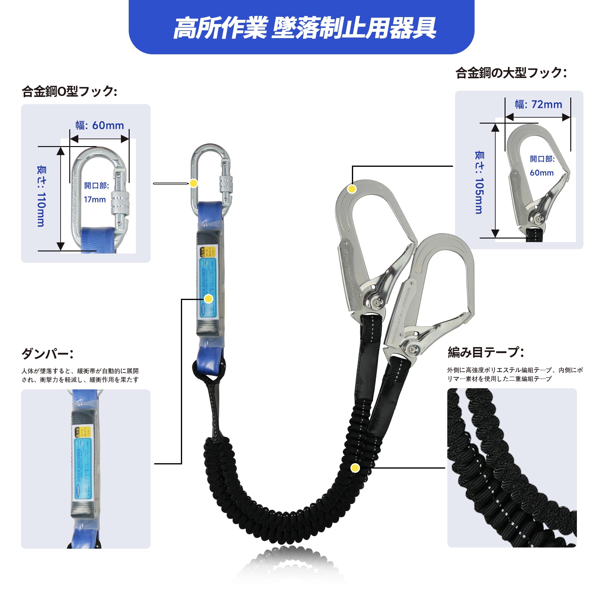 ランヤード ダブル 新規格 二丁掛け 胴ベルトランヤード 墜落制止用器具 2丁 フルハーネス 巻き取り ランヤード 兼用 フルハーネスランヤード 合金鋼 高所作業 日本語取扱説明書
