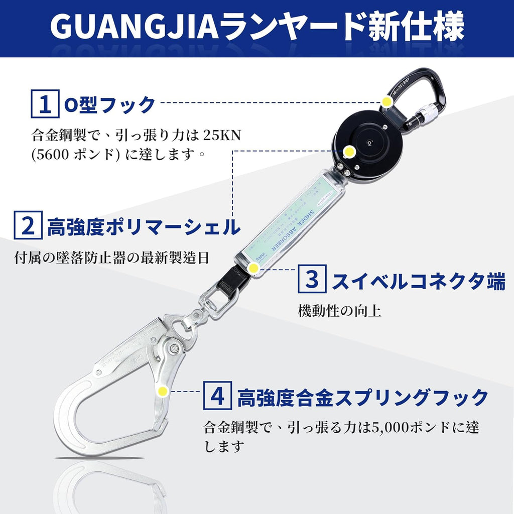 ランヤード 巻き取り式 ロック 新規格 自動巻式 安全帯 フック スピンドル付き 墜落制止用器具 ロック装置付き 巻取器タイプ1型 軽量フルハーネス 1号ロープタイプ フルハーネスタイプ/ベルトタイプ ユニバーサル対応 落下防止 高所作業用