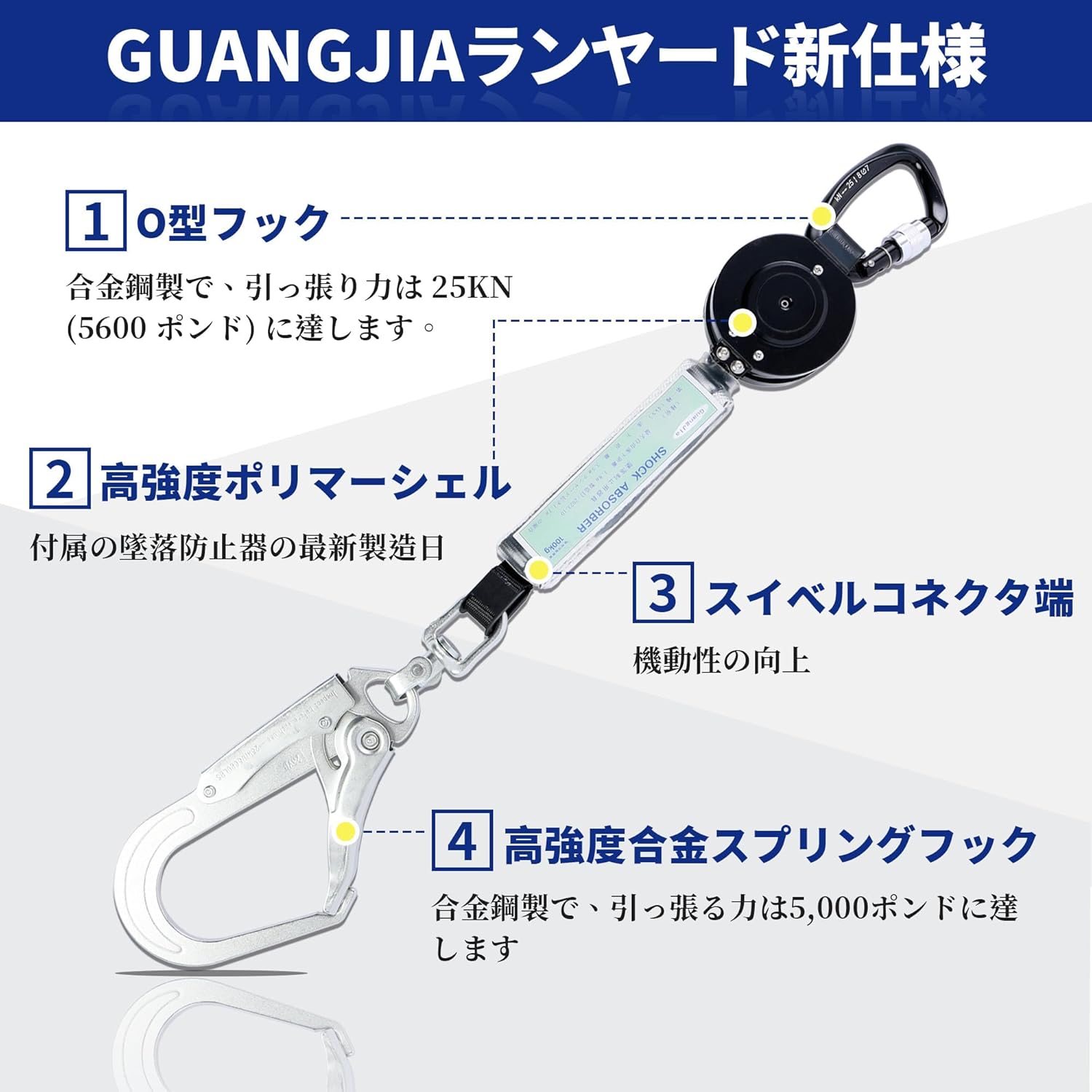 ランヤード 巻き取り式 ロック 新規格 自動巻式 安全帯 フック スピンドル付き 墜落制止用器具 ロック装置付き 巻取器タイプ1型 軽量フルハーネス 1号ロープタイプ フルハーネスタイプ/ベルトタイプ ユニバーサル対応 落下防止 高所作業用