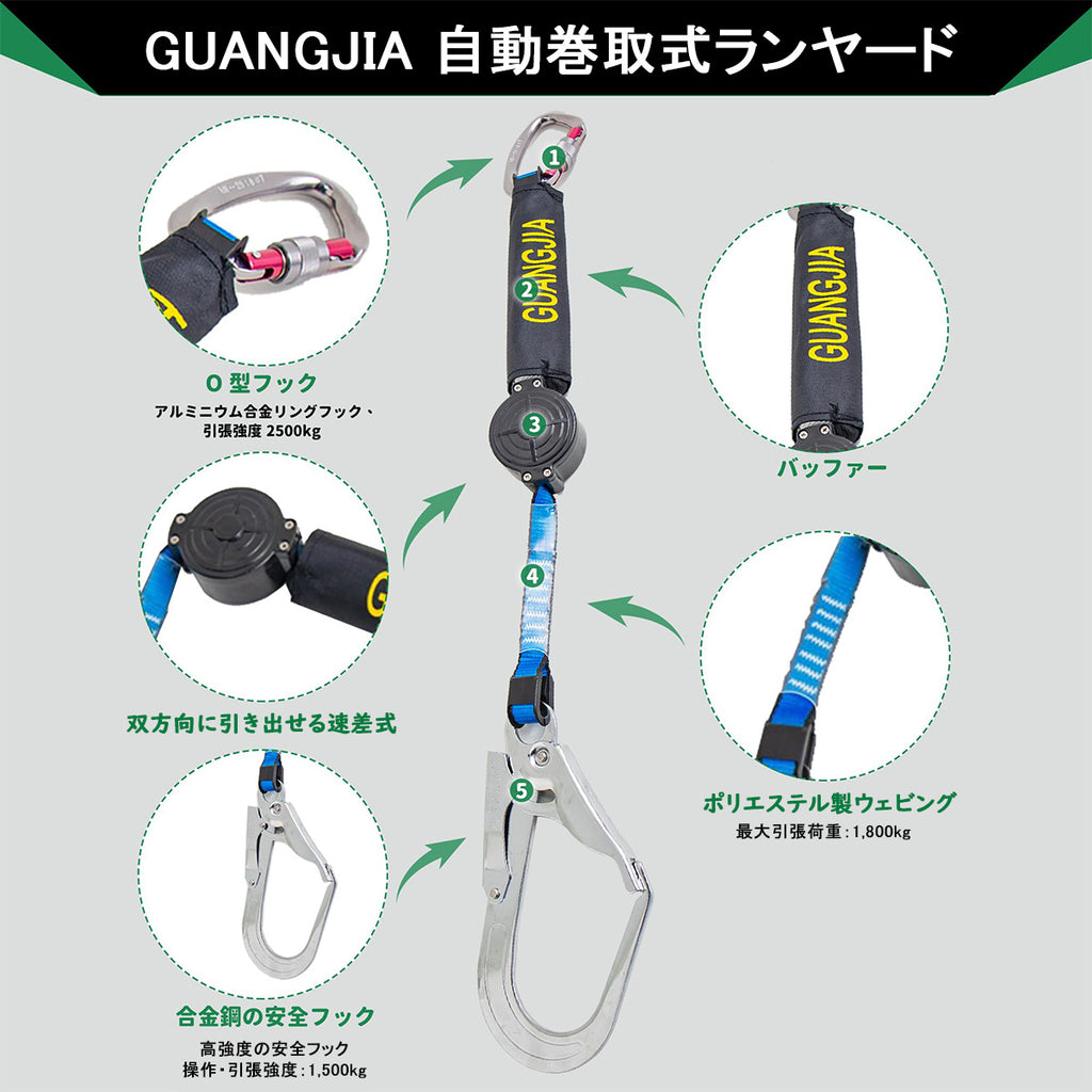ランヤード 巻き取り式 新規格適合 墜落制止用器具 新仕様 軽量 安全帯 ロック装置なし 巻取り式 1号ロープタイプ ユニバーサル対応 ハーネス安全帯 フルハーネスタイプ/ベルトタイプ ユニバーサル対応 兼用 落下防止 高所作業用 アルミ合金
