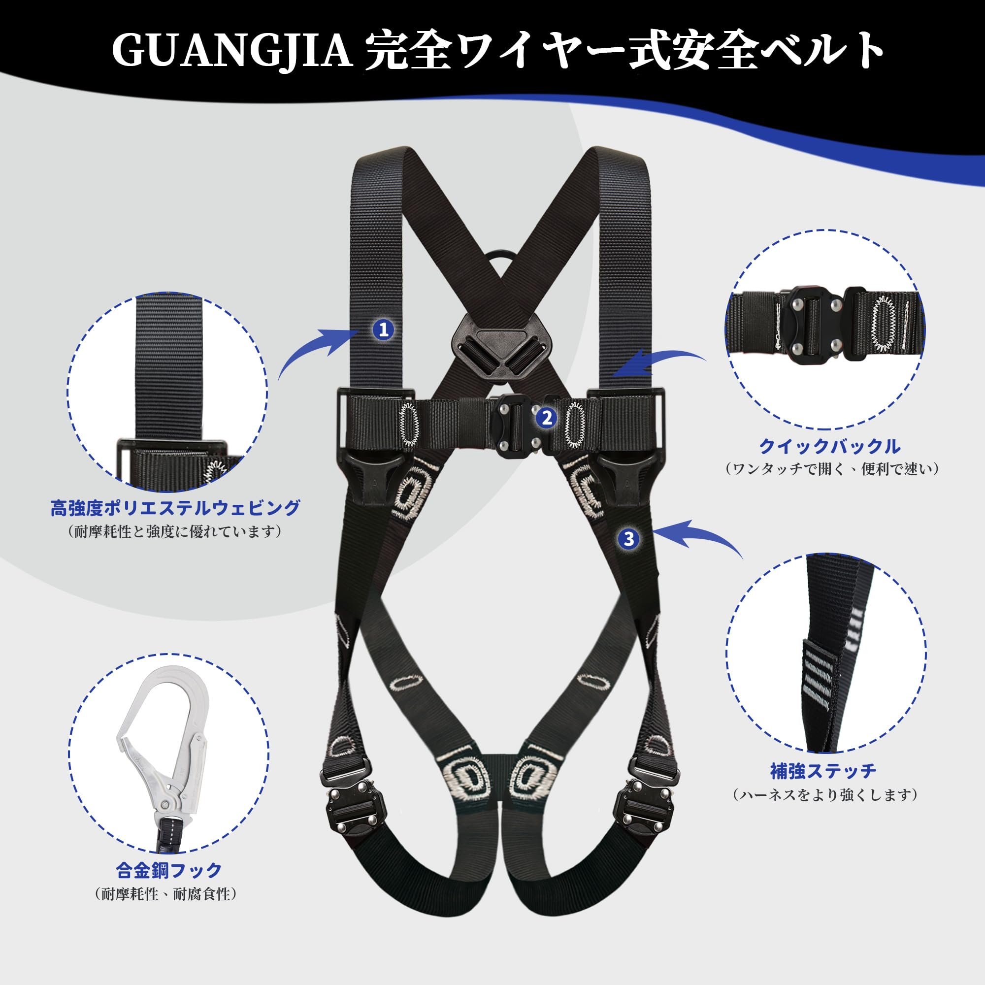 安全帯 フルハーネス安全帯 セット 胴ベルト 墜落制止用器具 合金鋼 新仕様 ハーネス安全帯 伸縮式ダブルランヤード 全身保護キット 建設工学 動力工学 ポール工学 高安全作業
