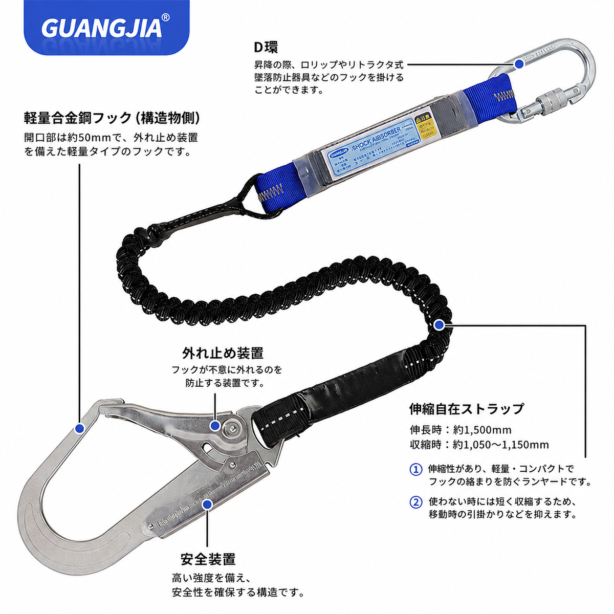 ランヤード 新規格適合 胴ベルト 第1種 墜落制止用器具 安全帯 フック 伸縮蛇腹式 新規格 胴ベルト型安全帯 1丁掛け シングル 落下防止装置 ランヤード 軽量 アルミ合金 合金鋼 超軽量 蛇腹 落下防止 電気工事 建設工事 現場 電工 高所作業用