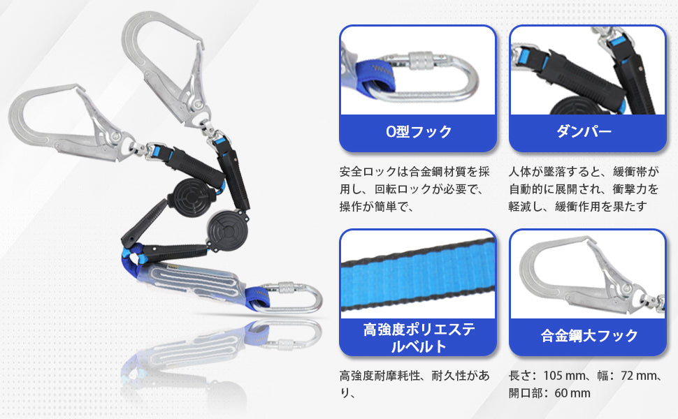 ランヤード 巻き取り式 ダブル 墜落制止用器具 新規格 巻取り式 ランヤード二丁掛け フルハーネス型 安全帯 兼用ランヤード ランヤード ダブル 安全帯 2丁掛け フルハーネス型 兼用タイプ 電気工事 建設工事 一般高所作業用 現場作業用 高所作業用